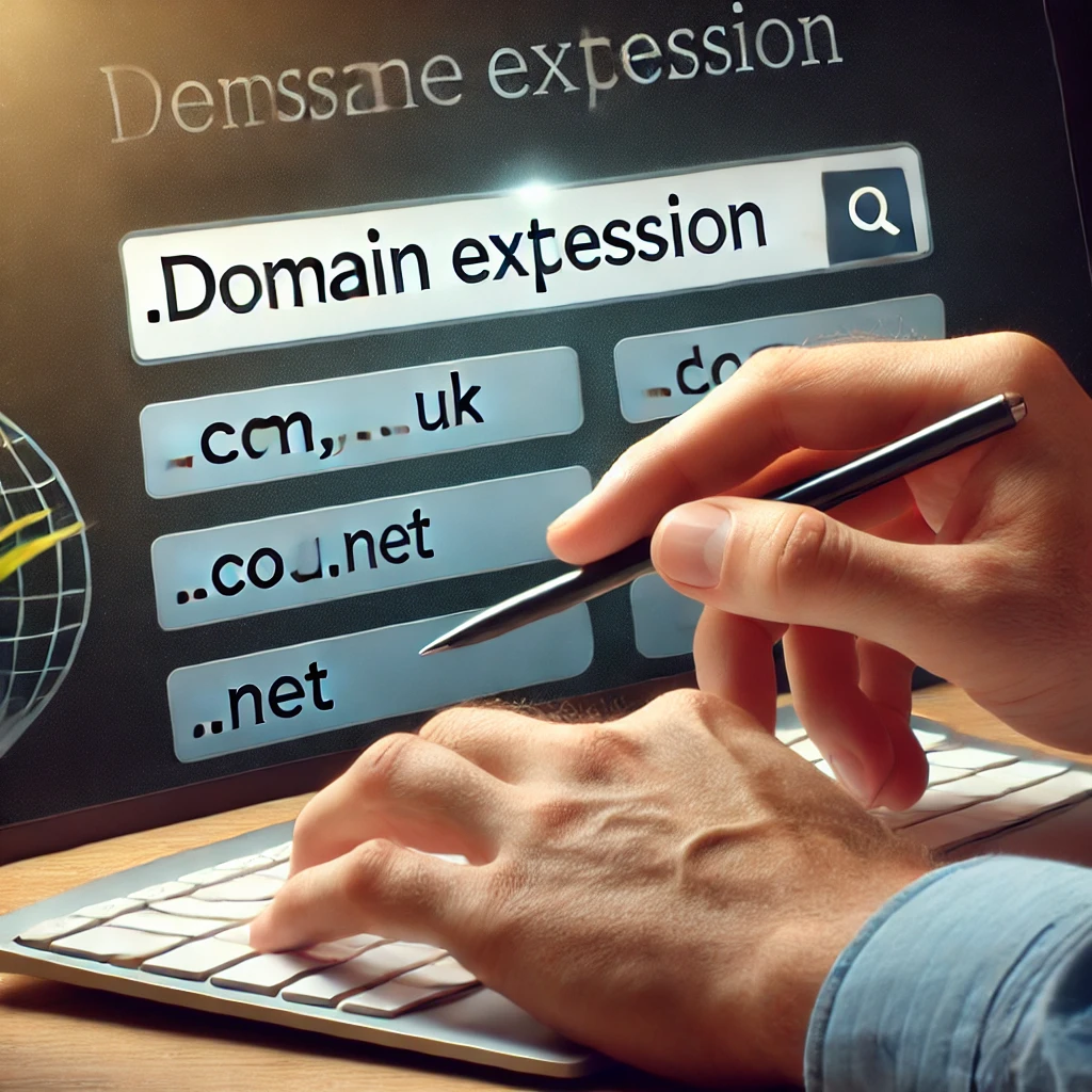 A person browsing through different domain extensions while registering a website.