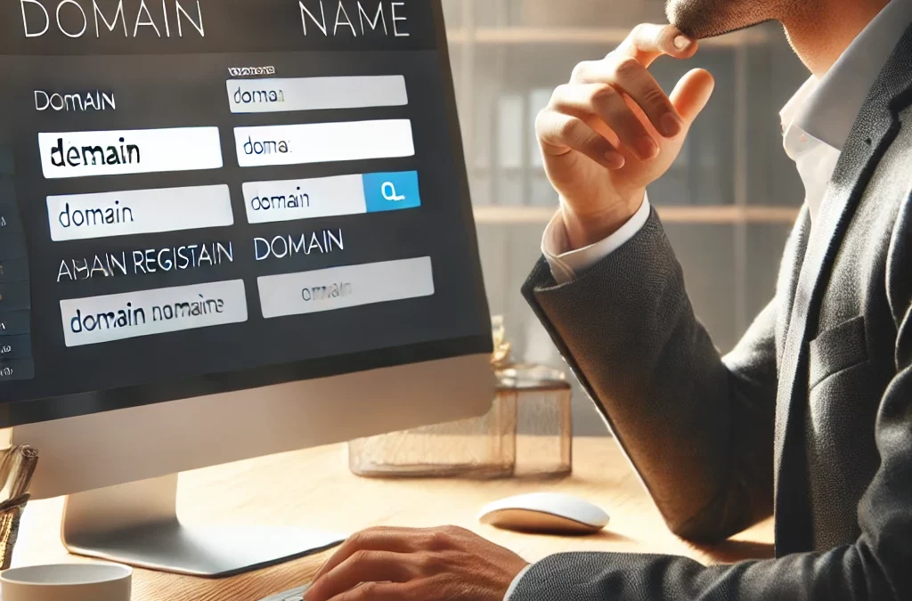 A small business owner selecting a domain name on a computer, displaying a domain registration page in a modern workspace.