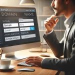 A small business owner selecting a domain name on a computer, displaying a domain registration page in a modern workspace.