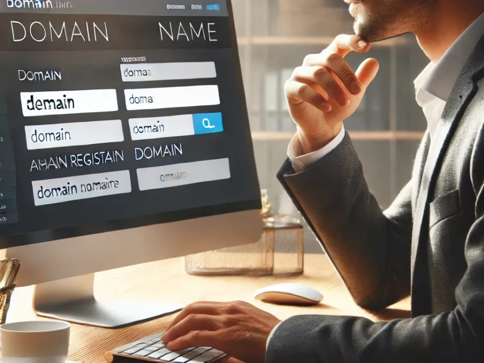 A small business owner selecting a domain name on a computer, displaying a domain registration page in a modern workspace.