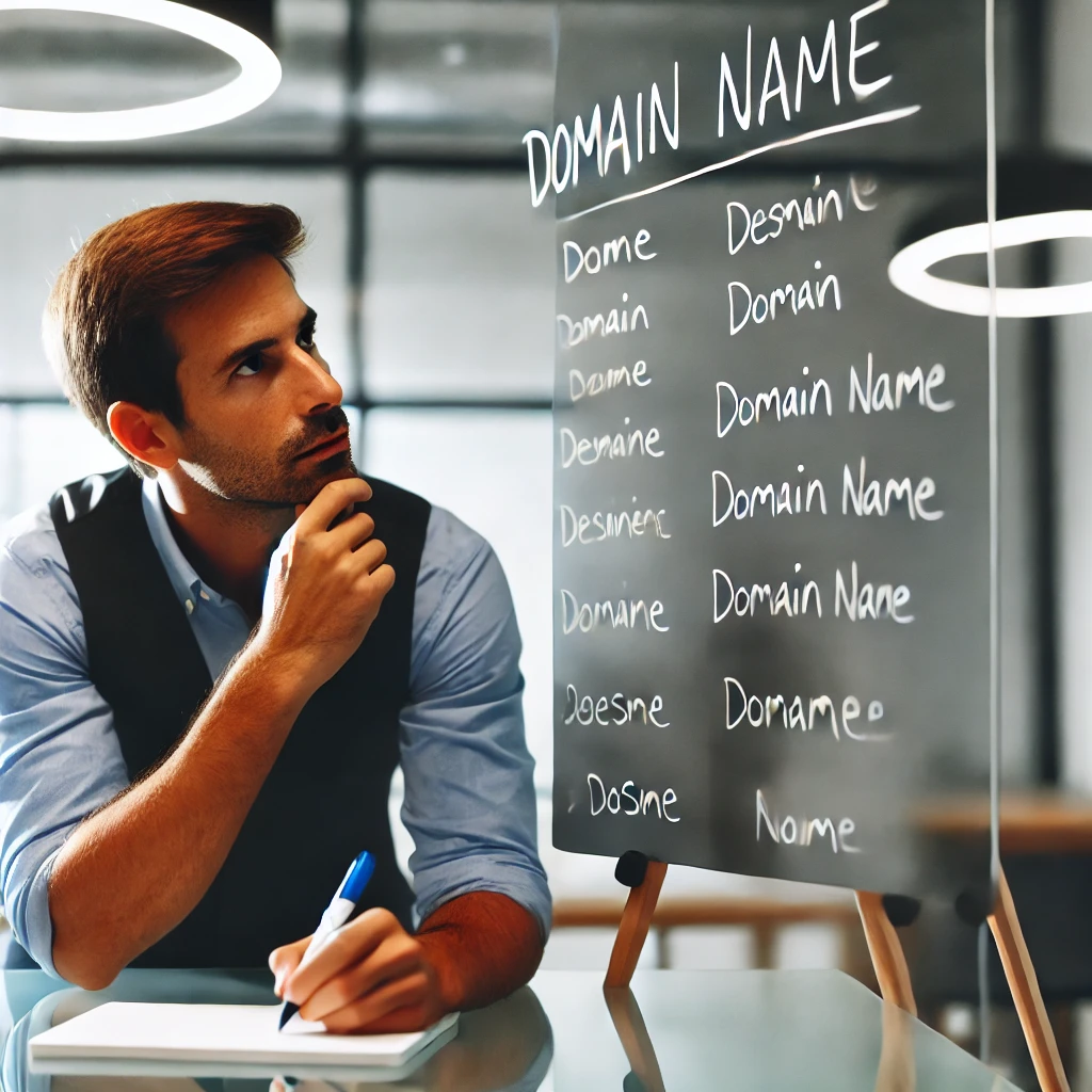 A small business owner writing down potential domain names on a whiteboard.
