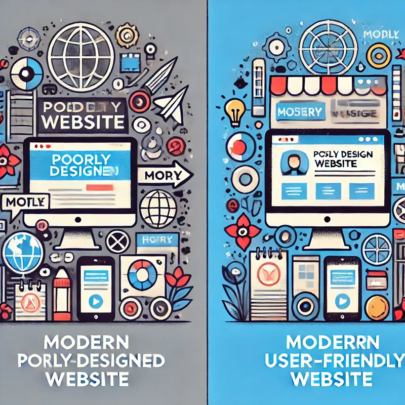 Comparison of a cluttered, hard-to-navigate website vs. a well-organised professional site.