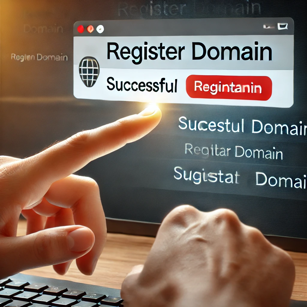 A close-up of a person’s hand clicking the ‘Register Domain’ button online.