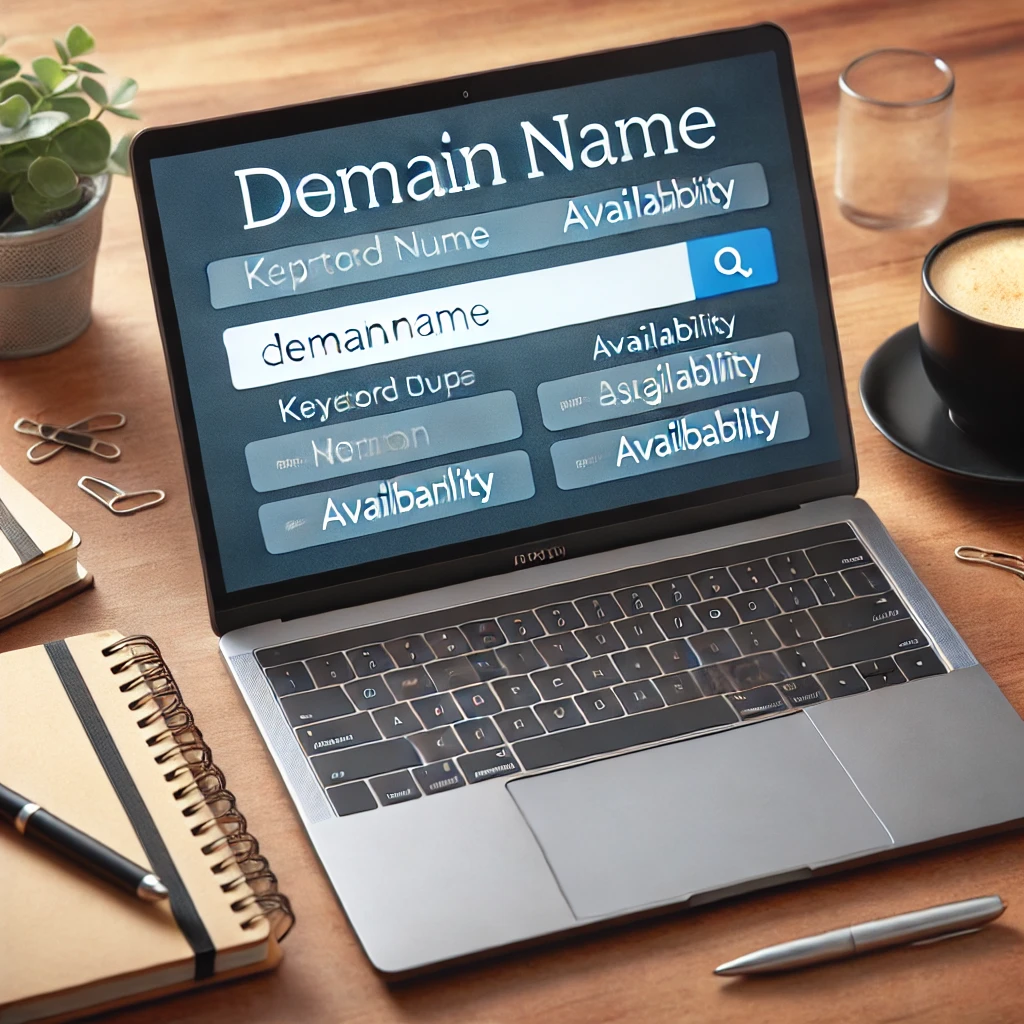 A laptop screen showing domain name availability and keyword suggestions.