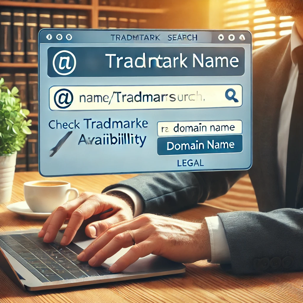A business owner verifying domain name trademarks on a legal website.