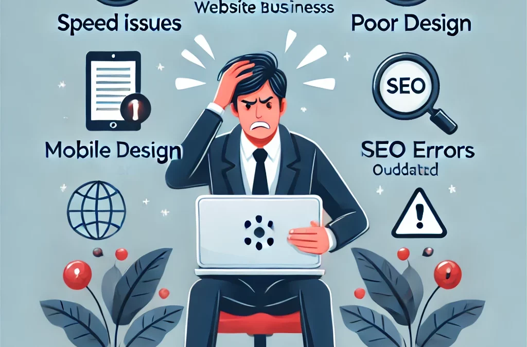 Frustrated business owner looking at a slow, unresponsive website with icons representing common website mistakes.