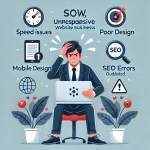 Frustrated business owner looking at a slow, unresponsive website with icons representing common website mistakes.