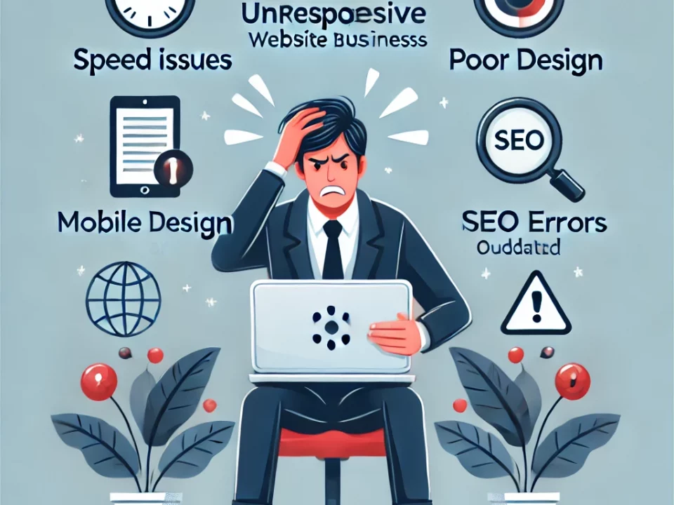 Frustrated business owner looking at a slow, unresponsive website with icons representing common website mistakes.