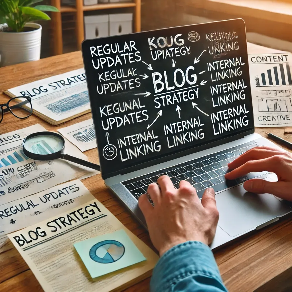 Content manager planning a blog strategy on a laptop