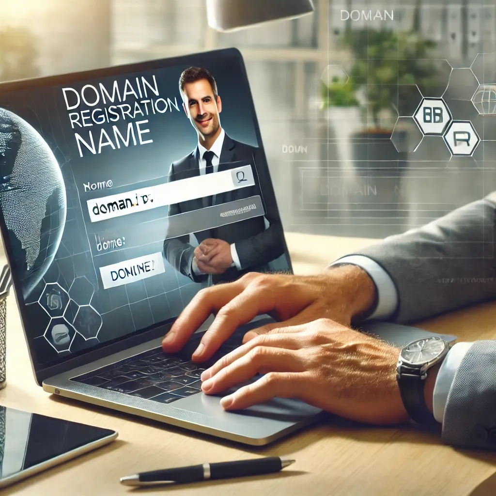 Business owner securing a domain name on a laptop
