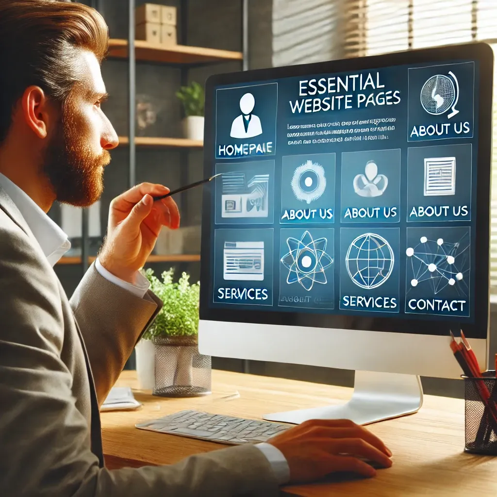 Business owner reviewing essential website pages on a desktop