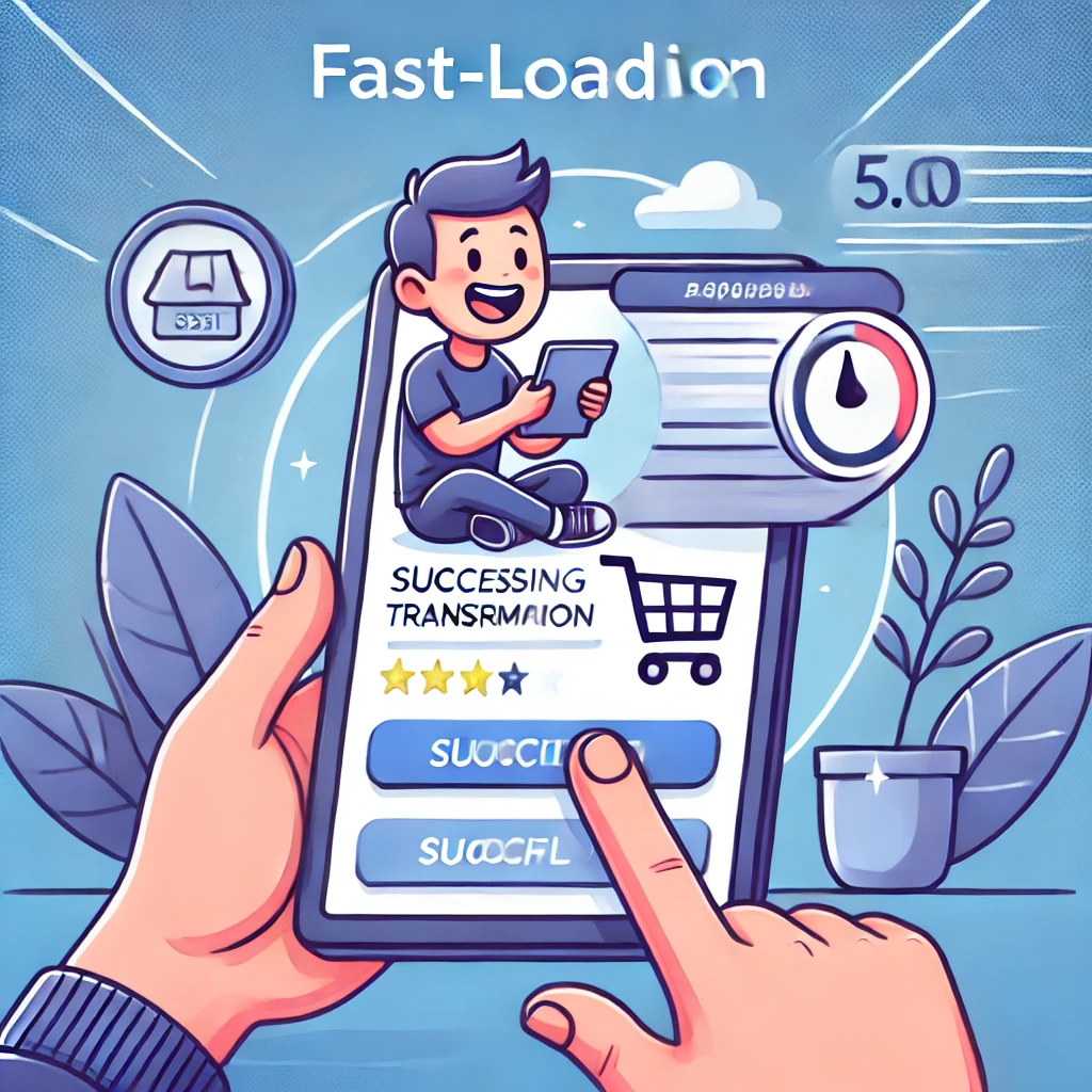 A happy user completing a purchase quickly on a fast-loading website.