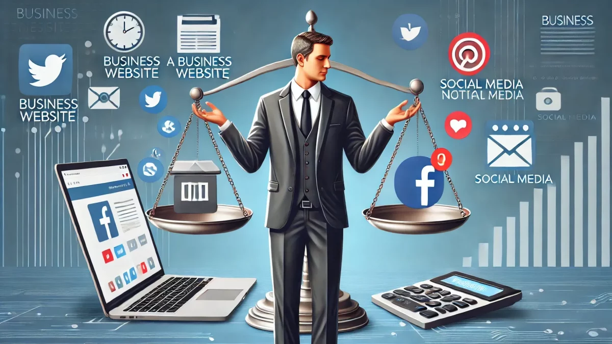 Business owner deciding between a website on a laptop and social media on a smartphone