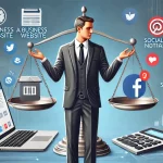 Business owner deciding between a website on a laptop and social media on a smartphone