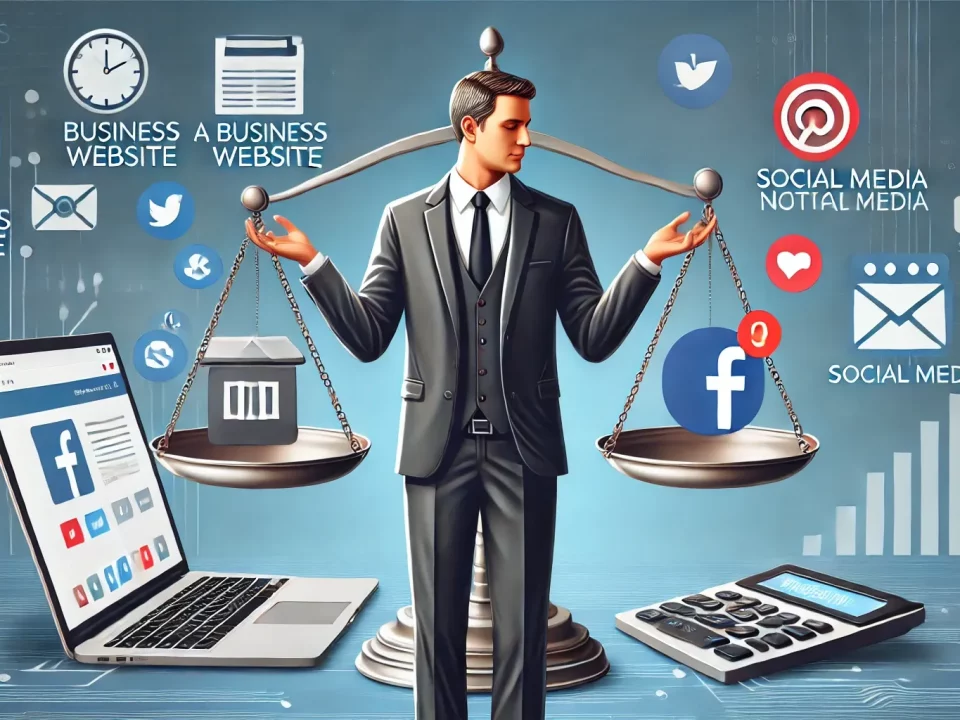 Business owner deciding between a website on a laptop and social media on a smartphone