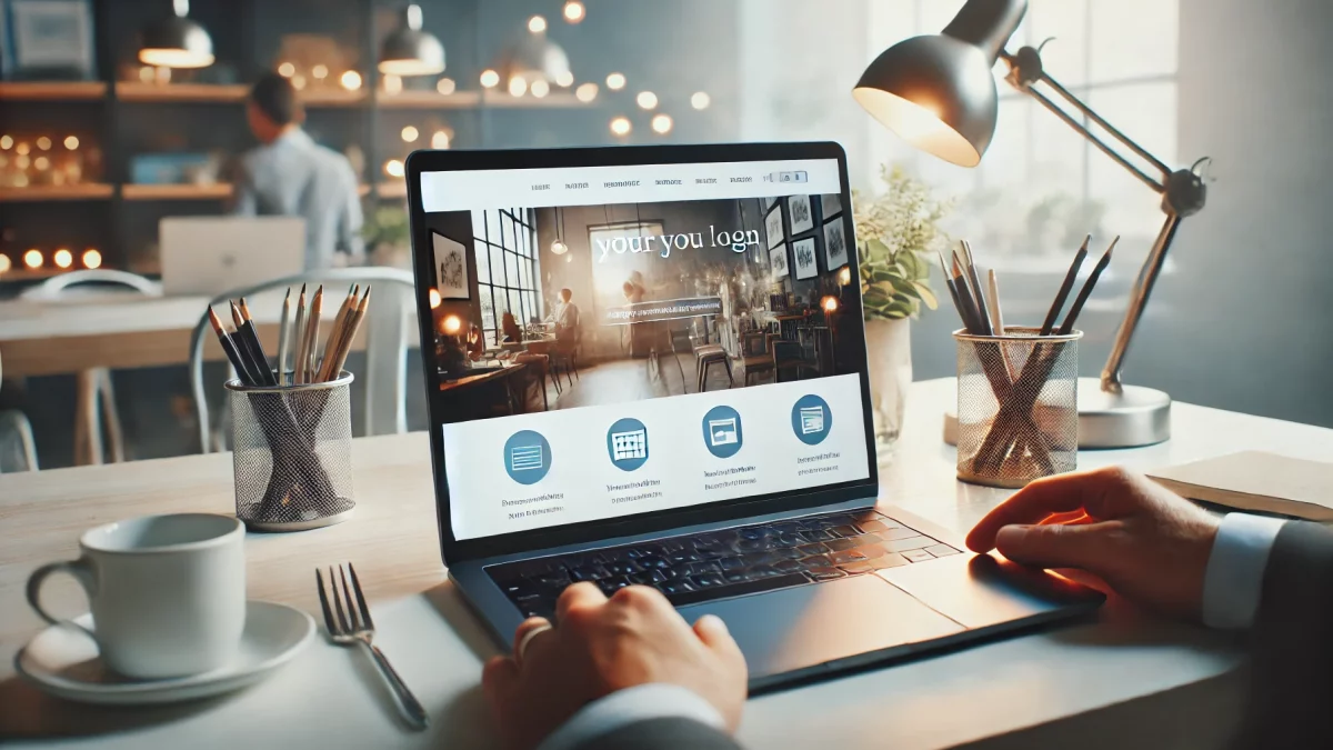 A professional workspace with a laptop displaying a business website.