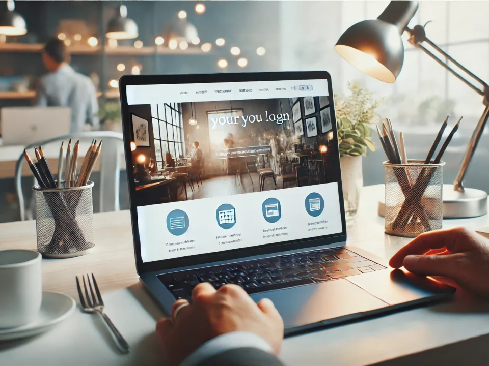 A professional workspace with a laptop displaying a business website.