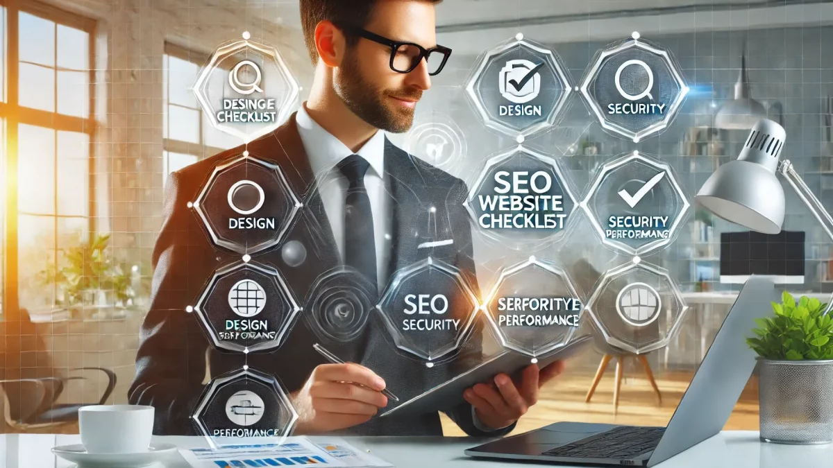 Business owner reviewing a website checklist for design, SEO, and performance