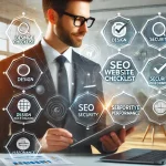 Business owner reviewing a website checklist for design, SEO, and performance