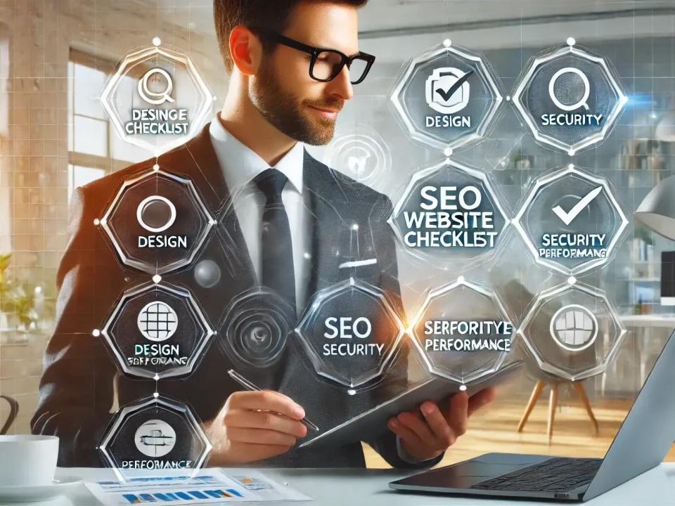 Business owner reviewing a website checklist for design, SEO, and performance