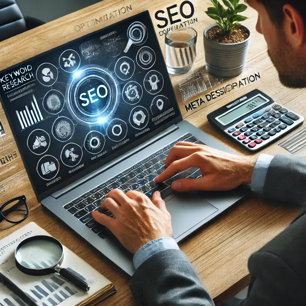 Professional showing SEO optimisation strategies on a laptop