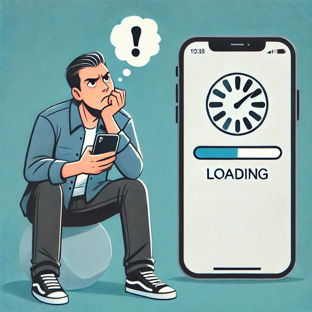 A frustrated user waiting for a slow website to load on their phone, looking impatient.