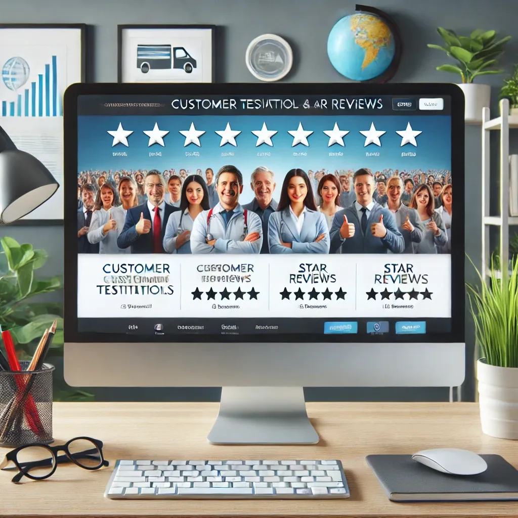 Website displaying customer testimonials and star reviews