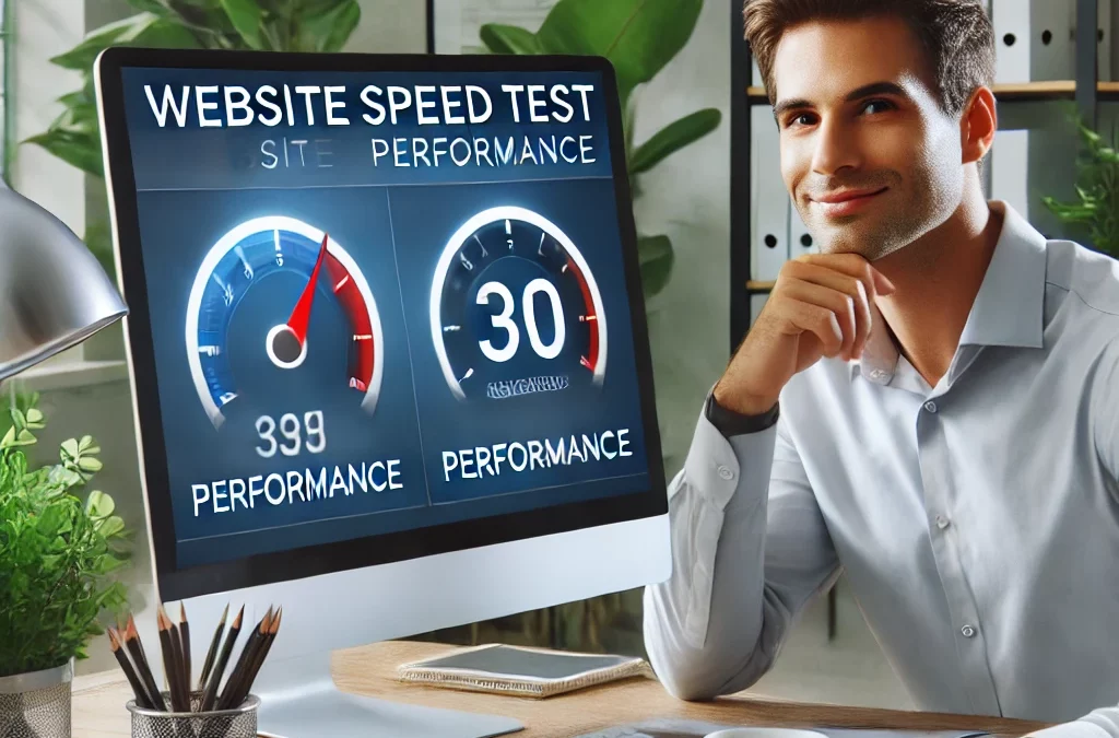 A professional and engaging hero image showing a website speed test result with high performance scores in a modern workspace.