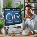 A professional and engaging hero image showing a website speed test result with high performance scores in a modern workspace.