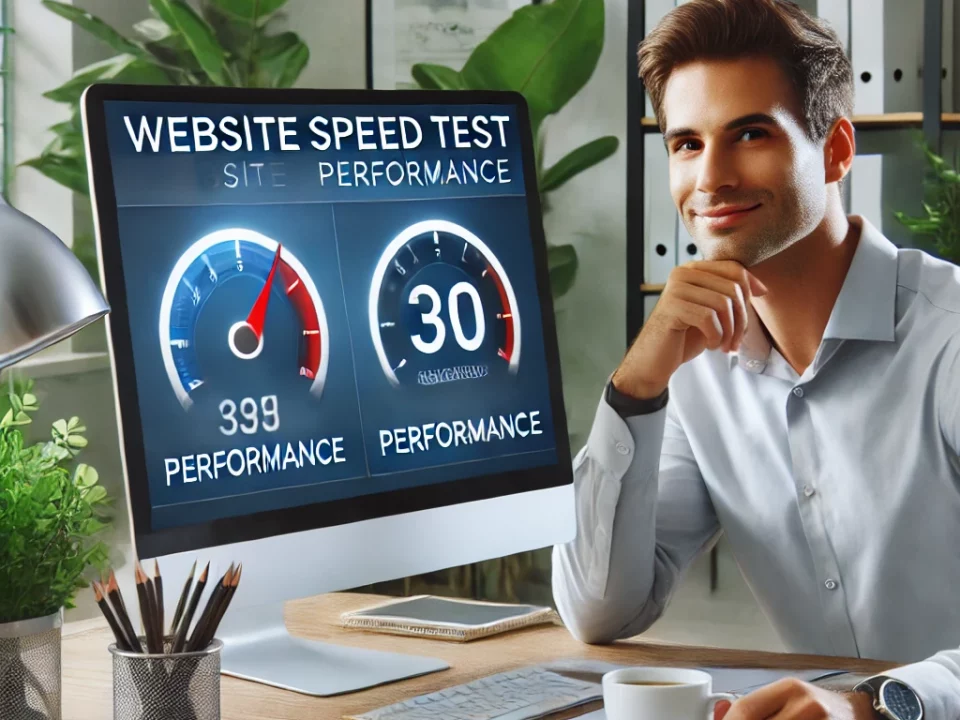 A professional and engaging hero image showing a website speed test result with high performance scores in a modern workspace.
