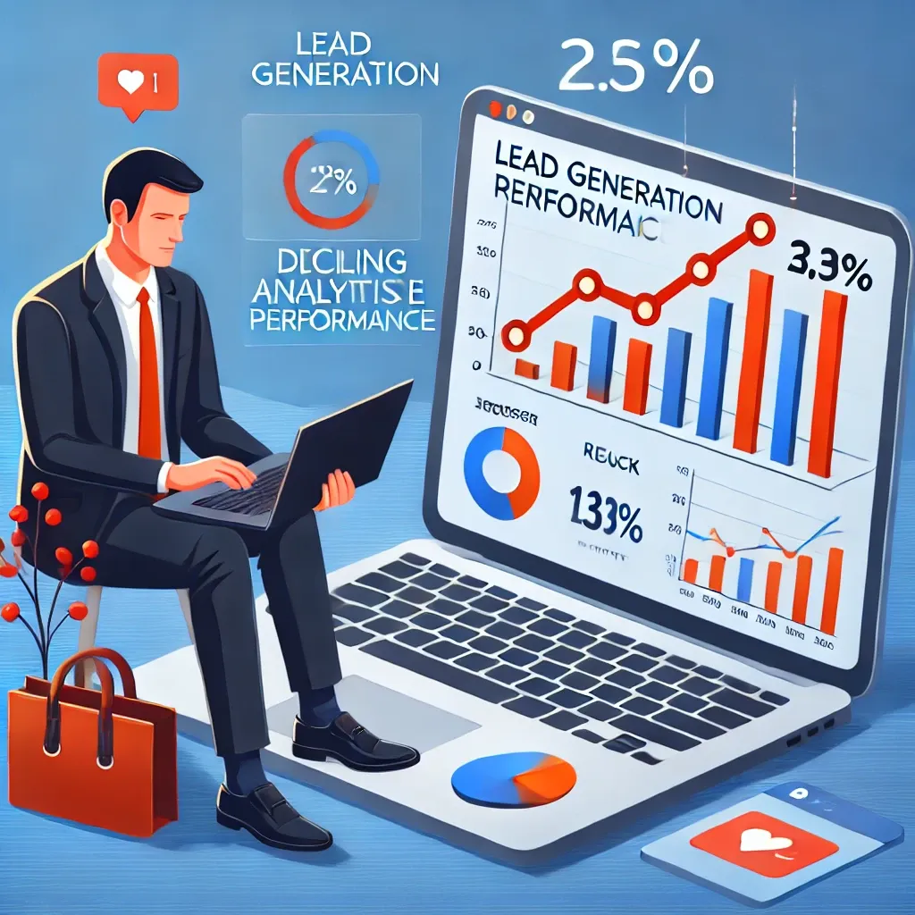 Successful business owner using a website for lead generation and customer engagement, with high analytics performance displayed on a laptop, compared to a declining reach on social media