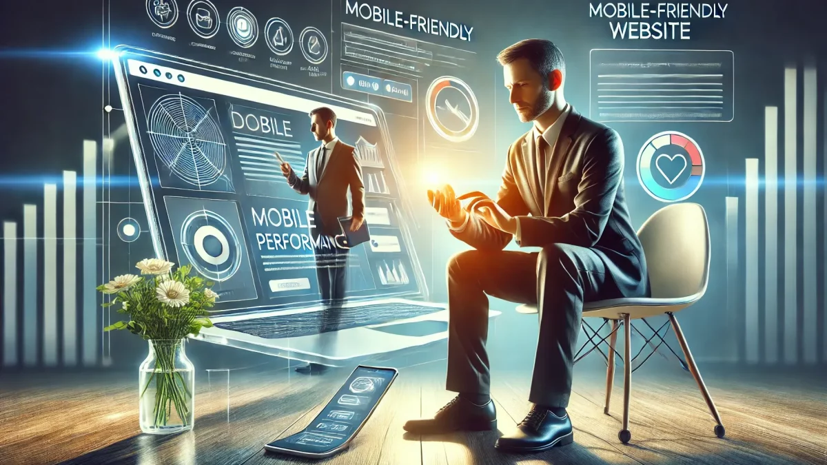 Business owner testing a website on a smartphone and laptop for responsiveness