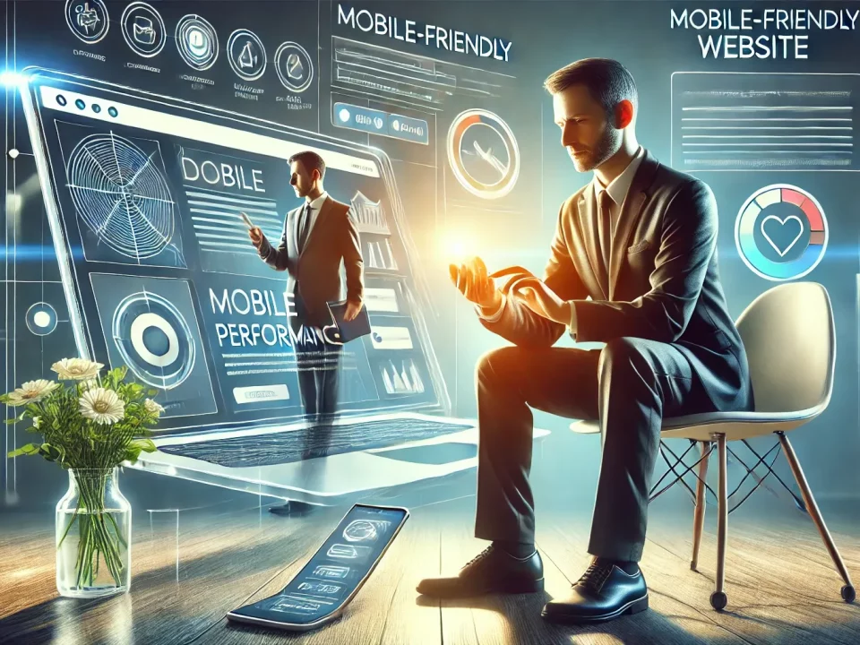 Business owner testing a website on a smartphone and laptop for responsiveness