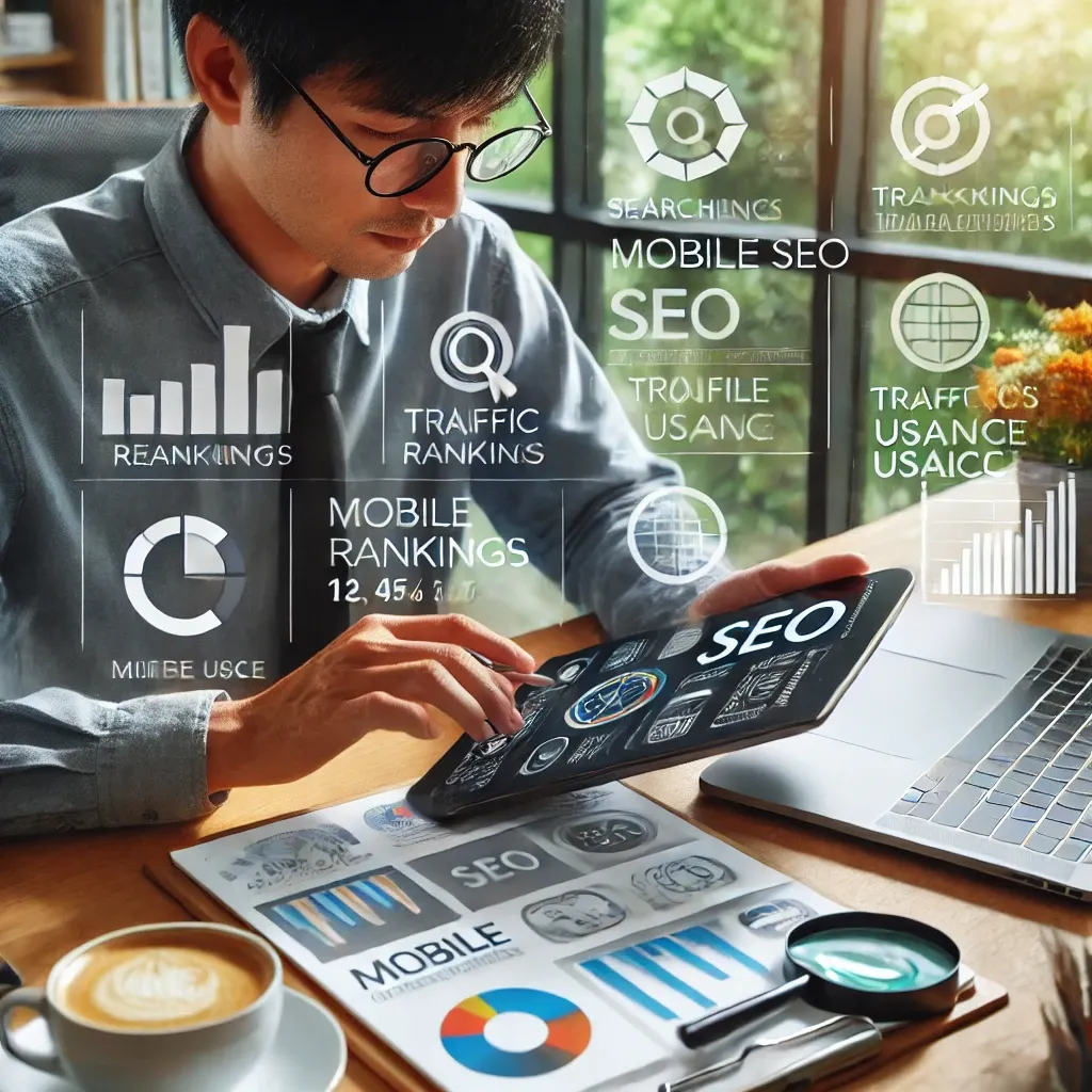Business owner reviewing mobile SEO analytics on a tablet, showing search rankings