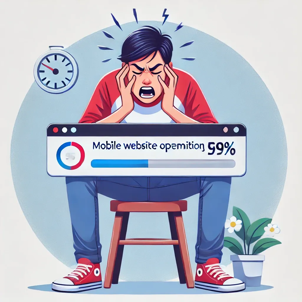 Frustrated mobile user experiencing slow website loading on a smartphone